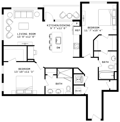 Floor plan for 2 beds, 2 baths, 1185 sqft
